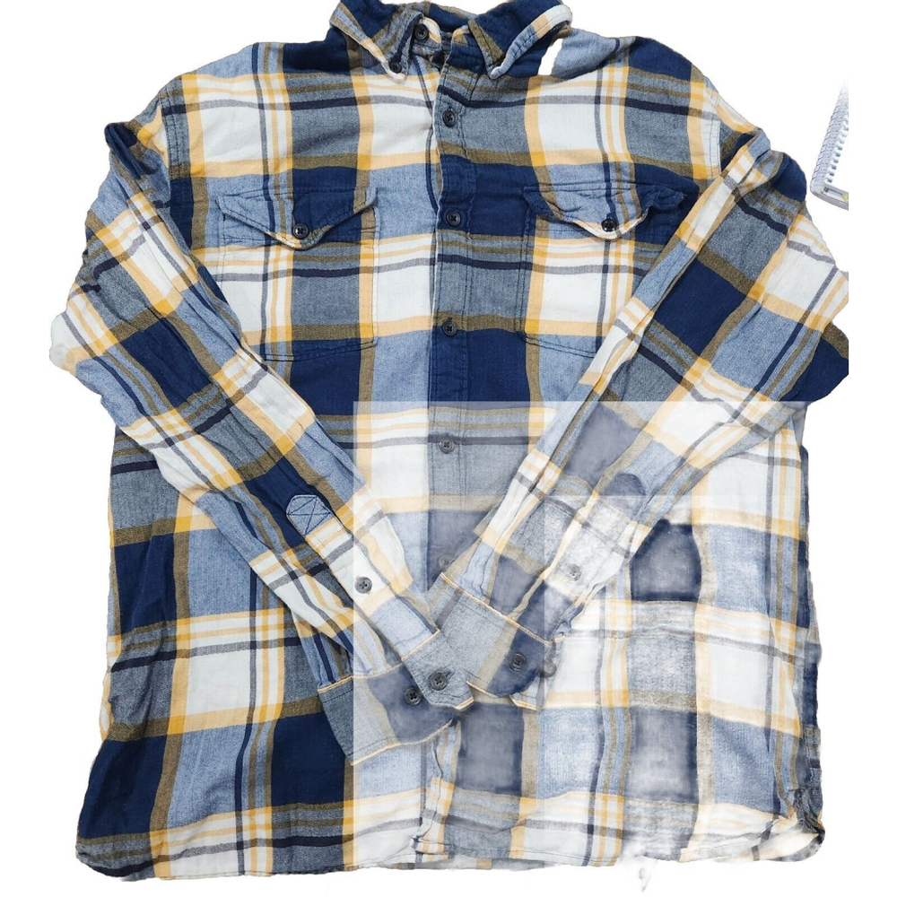 Woolrich Mens Large Long Sleeve Button Down Blue Plaid 100% Organic Cotton Shirt